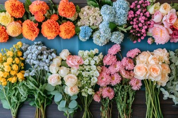 Fototapeta premium Colorful flower arrangement with assorted blooms on a blue table against a textured backdrop