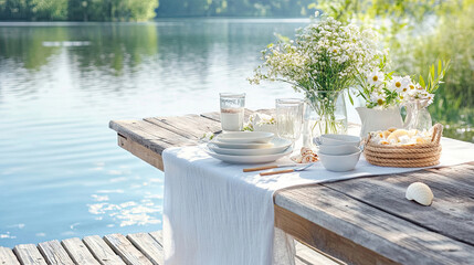 Picknick mit rustikaler Tischdekoration am See mit Blumen und Muscheln