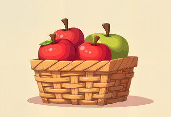 Rustic Woven Basket with Red and Green Apples in Whimsical Cartoon Style