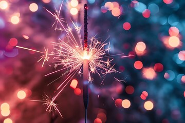 Obraz premium A sparkler burning in front of a backdrop of fireworks in the night sky.