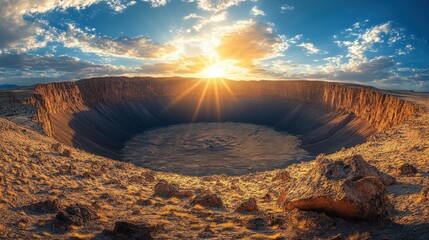 Sunset over a vast impact crater.