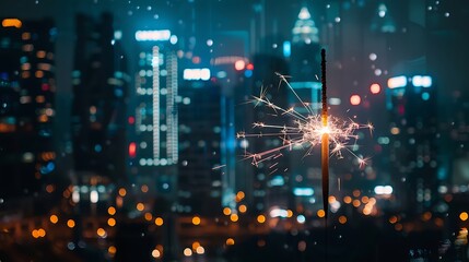 Fototapeta premium A sparkler burning in front of a city skyline at night, with the buildings illuminated.
