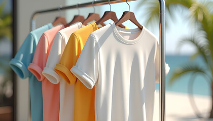 3D mockup of colorful t-shirts displayed on a rack with a tropical beach background
