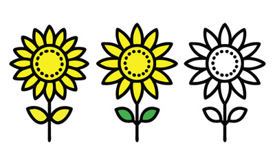 Yellow Sunflower Trio with Outline Variation, Vector illustration set featuring three sunflowers: two vibrant yellow designs and one black-and-white outline, perfect for creative and decorative projec