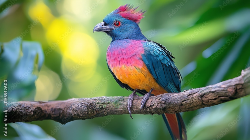 Poster Colorful tropical bird perched on a branch in lush greenery