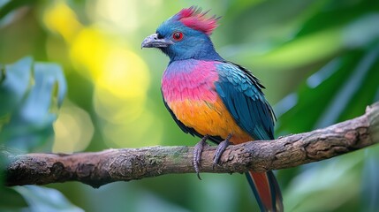 Obraz premium Colorful tropical bird perched on a branch in lush greenery