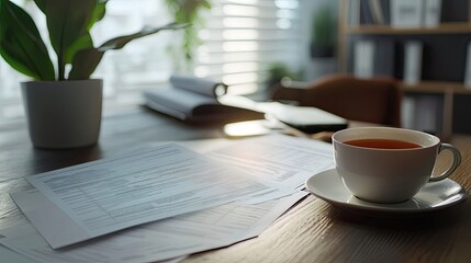 A professional display of a balance sheet and tax documents on a stylish desk, with a cup of tea beside them.