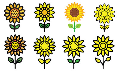 Sunflower Vector Collection with Diverse Designs, Vector illustration set featuring ten unique sunflower designs in vibrant yellow tones, showcasing varied petal and center patterns for decorative pro