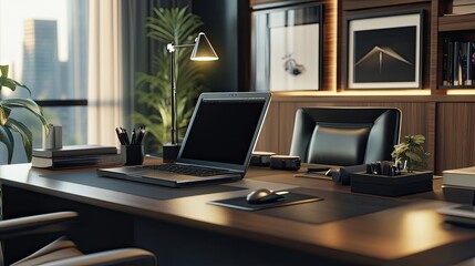 Fototapeta premium A professional office desk setup with a sleek laptop, modern business accessories, and stylish decor.