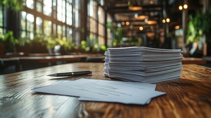 Stack of papers and a pen on a wooden table inside a bright, modern cafe with greenery