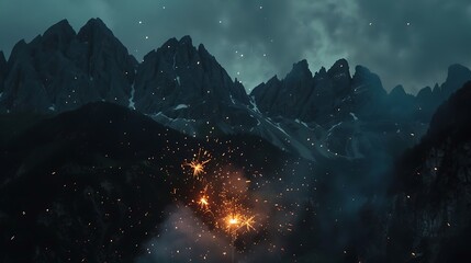 A sparkler burning in front of a mountain range, with the peaks silhouetted against the night sky.