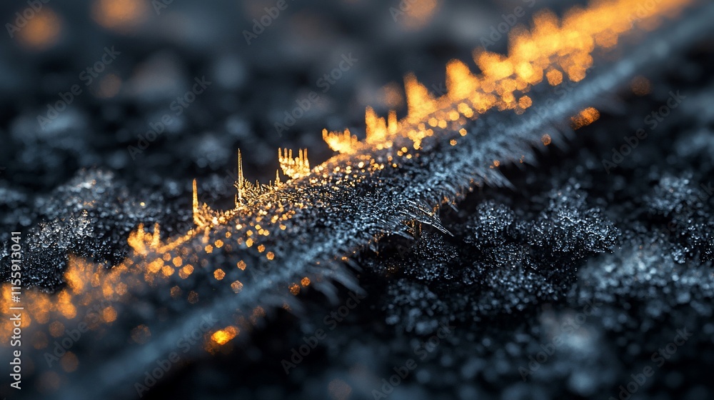 Poster close-up of frost crystals on a dark surface, illuminated by warm light.