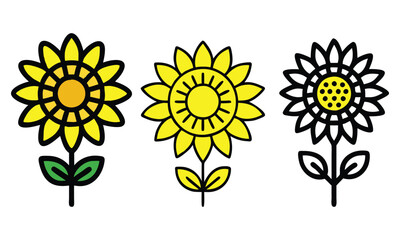 Bright Yellow Sunflowers with Outline Designs, Vector illustration set featuring three sunflower designs: two vibrant yellow variations and one black-and-white outline, perfect for creative projects. 