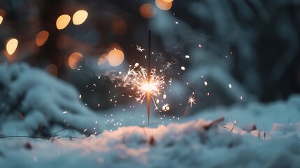 A sparkler burning in front of a snow-covered landscape, creating a winter wonderland effect.