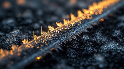 Close-up of frost crystals on a dark surface, illuminated by warm light.
