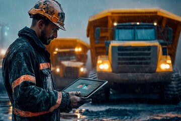 Skilled worker monitoring progress with technology at a construction site during rain
