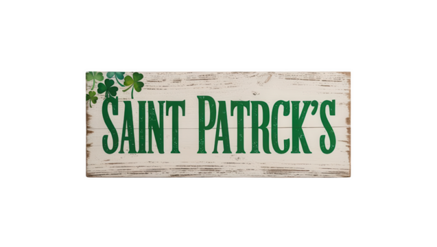 Saint Patrick Day wooden sign with green text and shamrock decorations, isolated on transparency background