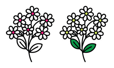 White Wildflower Bouquets with Color Accents, Vector illustration of two white wildflower bouquets with pink and yellow accents, featuring green leaves, ideal for creative and decorative designs.  
