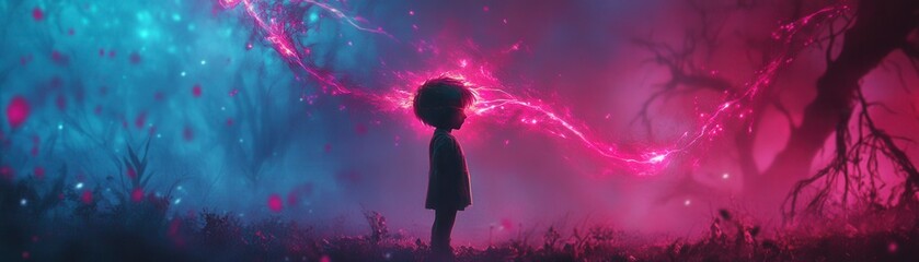 A silhouette of a child stands against a vibrant, surreal background of blue and pink hues, with dynamic energy swirling around.