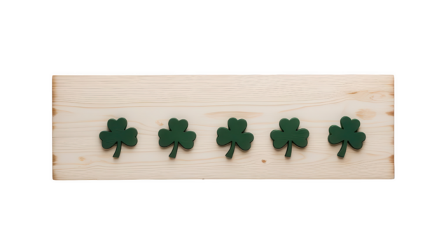 wooden plank with five green shamrock shapes evenly spaced, placed on light natural wood background, isolated on transparency background