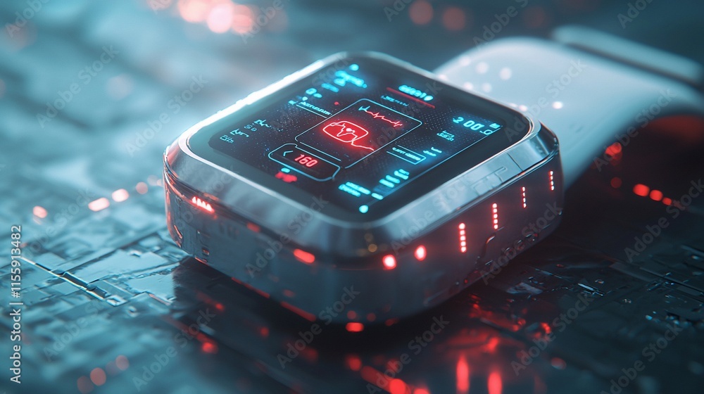 Aufkleber Futuristic smartwatch displaying health data on a circuit board.