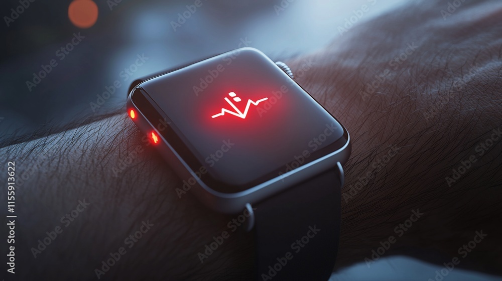 Poster smartwatch displaying a red heart rate alert.