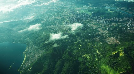 A satellite image of Brazil's lush rainforests and urban areas contrasted.