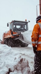 A snowplow clears a snowy road while a worker observes in winter conditions.