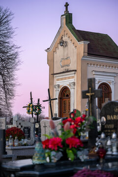 The cemetery chapel seen in the evening.
