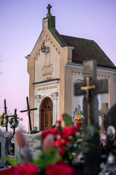 The cemetery chapel seen in the evening.