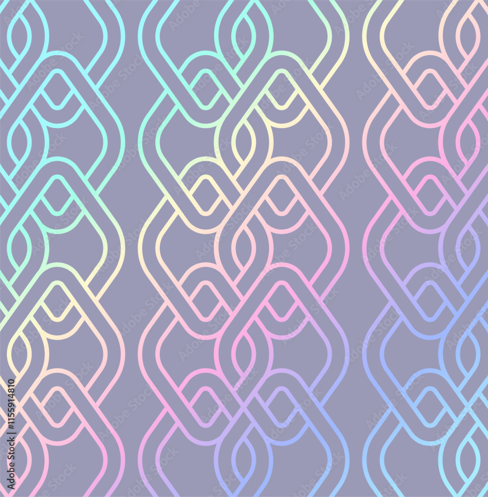 Poster vector seamless pattern with intertwined geometric shapes and neon gradient on a dark background. pe