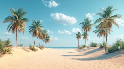 Obraz premium Tropical beach with palm trees and soft sand leading to the ocean.