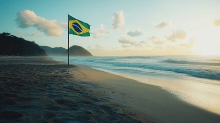 A serene scene featuring the Brazil flag against a tranquil beach.