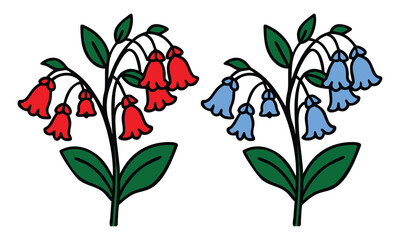 Red and blue bell-shaped flower illustrations, Two illustrations of bell-shaped flowers, one in vibrant red and the other in blue, both with green leaves and elegant botanical designs.  
