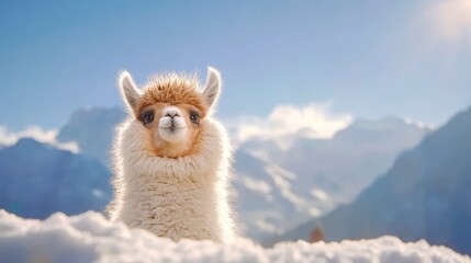 Fototapeta premium A fluffy llama stands majestically in a snowy landscape, surrounded by mountains and a bright blue sky, embodying tranquility and natural beauty.