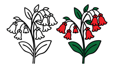 Red bell-shaped flower illustrations with outline, Two bell-shaped flower designs, one in black-and-white outline and the other with vibrant red flowers and green leaves, showcasing an elegant style.
