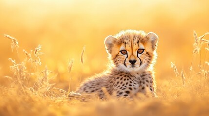 Obraz premium A young cheetah cub rests in a golden field, illuminated by warm sunlight, showcasing its distinctive spots and curious expression.