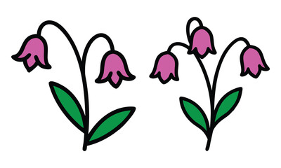 Pink bell-shaped flowers with green leaves, Two illustrations of pink bell-shaped flowers with curved stems and vibrant green leaves, showcasing a simple and elegant floral design.
