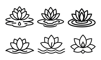 Lotus flower outline illustrations with water elements, A collection of six black-and-white lotus flower illustrations featuring clean outlines and water elements like ripples and waves, showcasing el