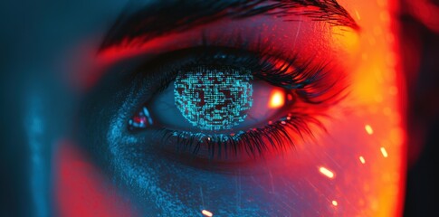 Close-Up of Eye with Digital Overlay and Glowing Effects