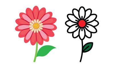 Pink and red daisy illustrations with outline, Two daisy illustrations, one featuring layered pink and red petals with green leaves and the other a black-and-white outline with a red center.
