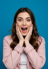 Excited Woman with Surprised Expression in Pink Cardigan and White Top
