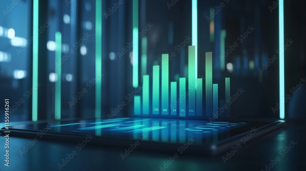 Poster digital tablet displaying glowing bar graph chart, financial data, and market analysis at night.