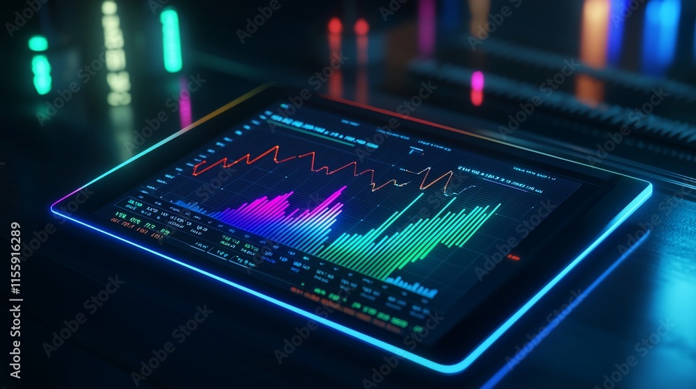 Poster tablet displaying vibrant financial charts and graphs in a dark setting.