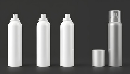 Blank white and black closed hairspray bottle mockup set, 3d rendering. Empty aerosol mock up isolated. Clear metallic deodorant template. isolated with white shades