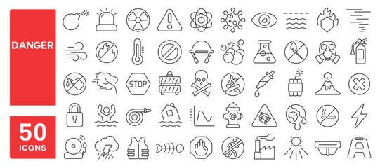 Set of 50 line icons related to danger, warn, alert, chemical, hazard, toxic, protection, bomb, radiation, caution, Editable stroke. Vector illustration
