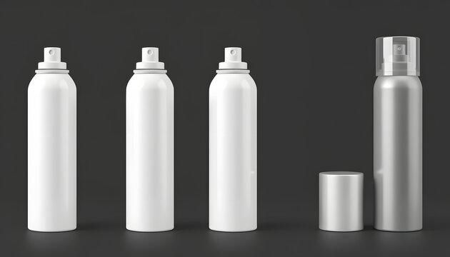 Blank white and black closed hairspray bottle mockup set, 3d rendering. Empty aerosol mock up isolated. Clear metallic deodorant template. isolated with white shades