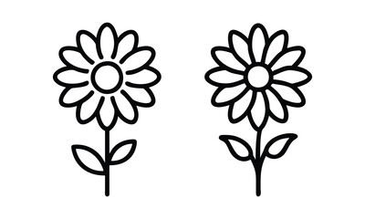 Vector daisy flower outline illustrations, Two vector illustrations of daisy flowers with black-and-white outlines, featuring symmetrical petals, simple stems, and minimalistic leaf designs.
