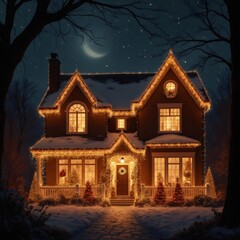 Una casa acogedora decorada con luces navideñas brillantes bajo un cielo estrellado y una luna creciente, creando una atmósfera mágica y festiva.
