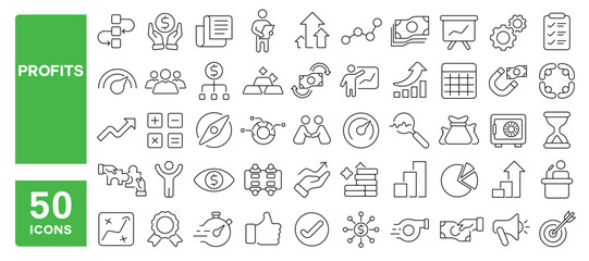 Set of 50 line icons related to profits, earnings, chart, business, report, statistics, finance, growth, increase, Editable stroke. Vector illustration